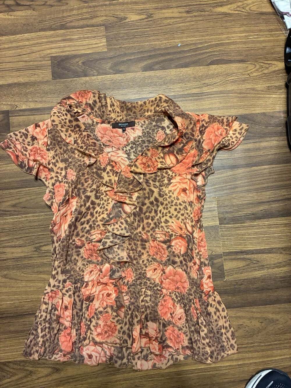 Belissimo New York Floral and Leopard Print Ruffle V-Neck Blouse